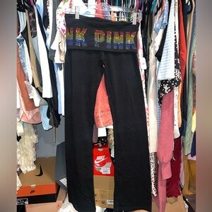 NWOT PINK Victoria's Secret Black Leggings with Colorful Logo